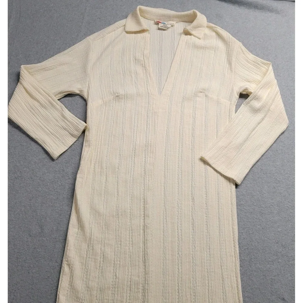 Free People Beach Ivory Textured V-Neck Polo Midi Dress Long Sleeve XS Boho